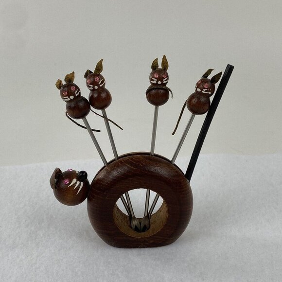 Teak Wood Figural Cat Fork Holder with 4 Appetizer Cocktail Forks Denmark MCM - Picture 1 of 9